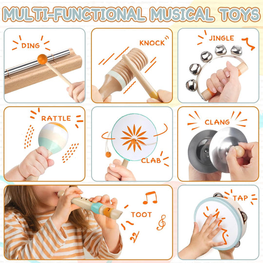 Wooden Percussion Instruments Set, Kids Preschool Educational Music Learning Toys