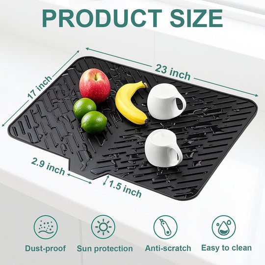 Silicone Dish Drying Mat with Built-In Drain Spout – Heat-Resistant Non-Slip Roll-Up Sink Drain Pad for Kitchen Counter (MOQ 10 Sets)