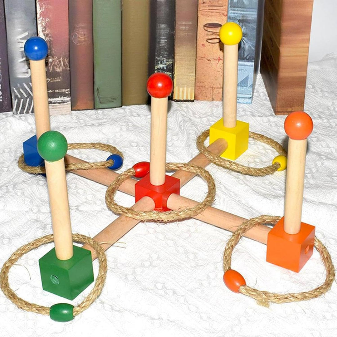 Wooden Ring Toss Game Set – 5 Sticks & 4 Rings | Outdoor Backyard Carnival Game for Kids Teens Adults | Family Party Activity & Birthday Gift (MOQ 10 Sets)