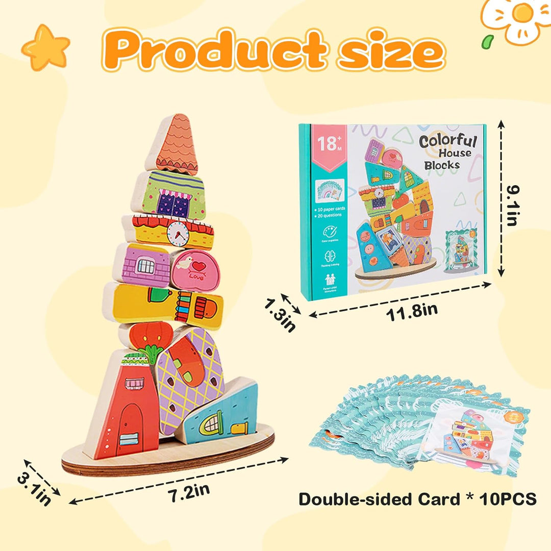 Montessori Wooden Stacking Toy,Colorful Houses Building Blocks Game 14 Pcs Montessori Balance Sorting & Stacking