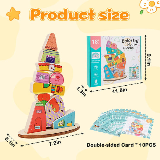 Montessori Wooden Stacking Toy,Colorful Houses Building Blocks Game 14 Pcs Montessori Balance Sorting & Stacking