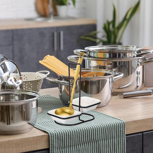 Luxury Stainless Steel Upright Ladle Rack Set with Double Square Ceramic Bowls – Modern Countertop Spoon & Utensil Holder Stand