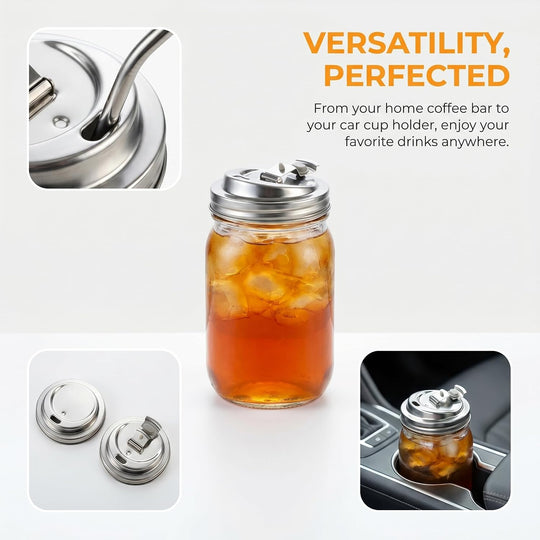 Stainless Steel Mason Jar Lid Wide Mouth - Reusable Coffee Lid with Sip Spout for Iced Coffee, Protein Shakes & Smoothies - Leak Resistant Metal Lid for Mason Jar Coffee Bar Accessories
