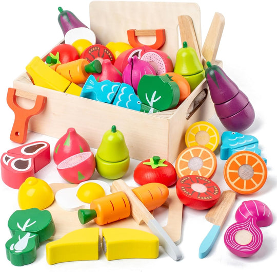 Wooden Cutting Fruits Veggies Toy, Montessori Toddler Pretend Play Set (MOQ 10 Sets)