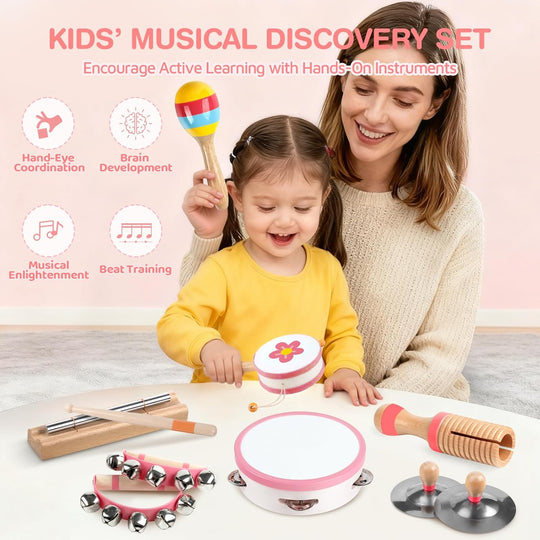 Wooden Percussion Instruments Set, Kids Preschool Educational Music Learning Toys