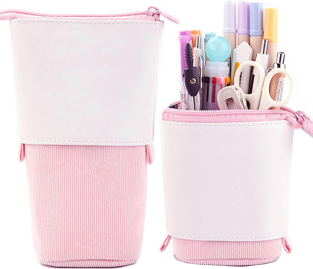 Pop-Up Telescopic Pencil Case with Stand | Retractable PU Corduroy Pen Holder Bag | Expandable Stationery Organizer for Kids, Students & Office Desk