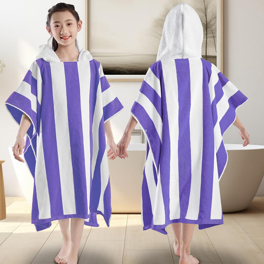 Pure Cotton Super Soft and Quick Dry Striped Poncho Robe Kids Beach Towels