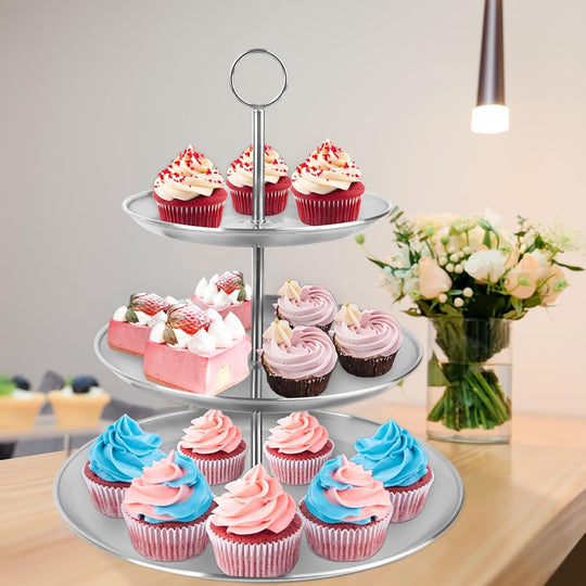 Cupcake Stand 3 Tier – Stainless Steel Cake & Dessert Display Tower for Wedding, Birthday, Party Decorations (MOQ 10 Sets)