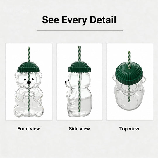 Bear-Shaped Glass Cup, Cute Reusable Glass Tumbler with Lid and Straw (MOQ 10 Sets)