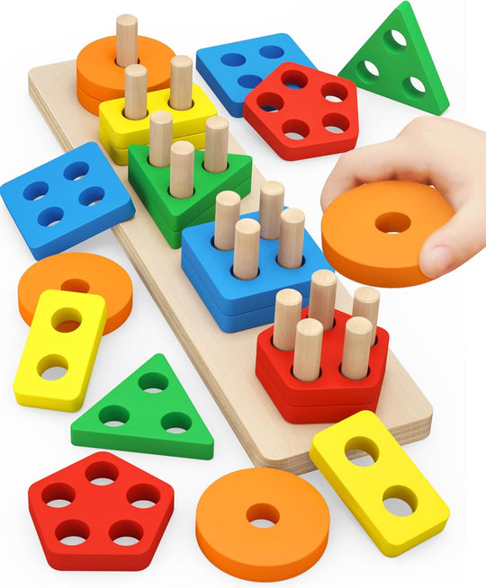 Toddlers Color Recognition Stacker Shape Sorter Wooden Toy Learning Puzzles 1 to 3-year-old