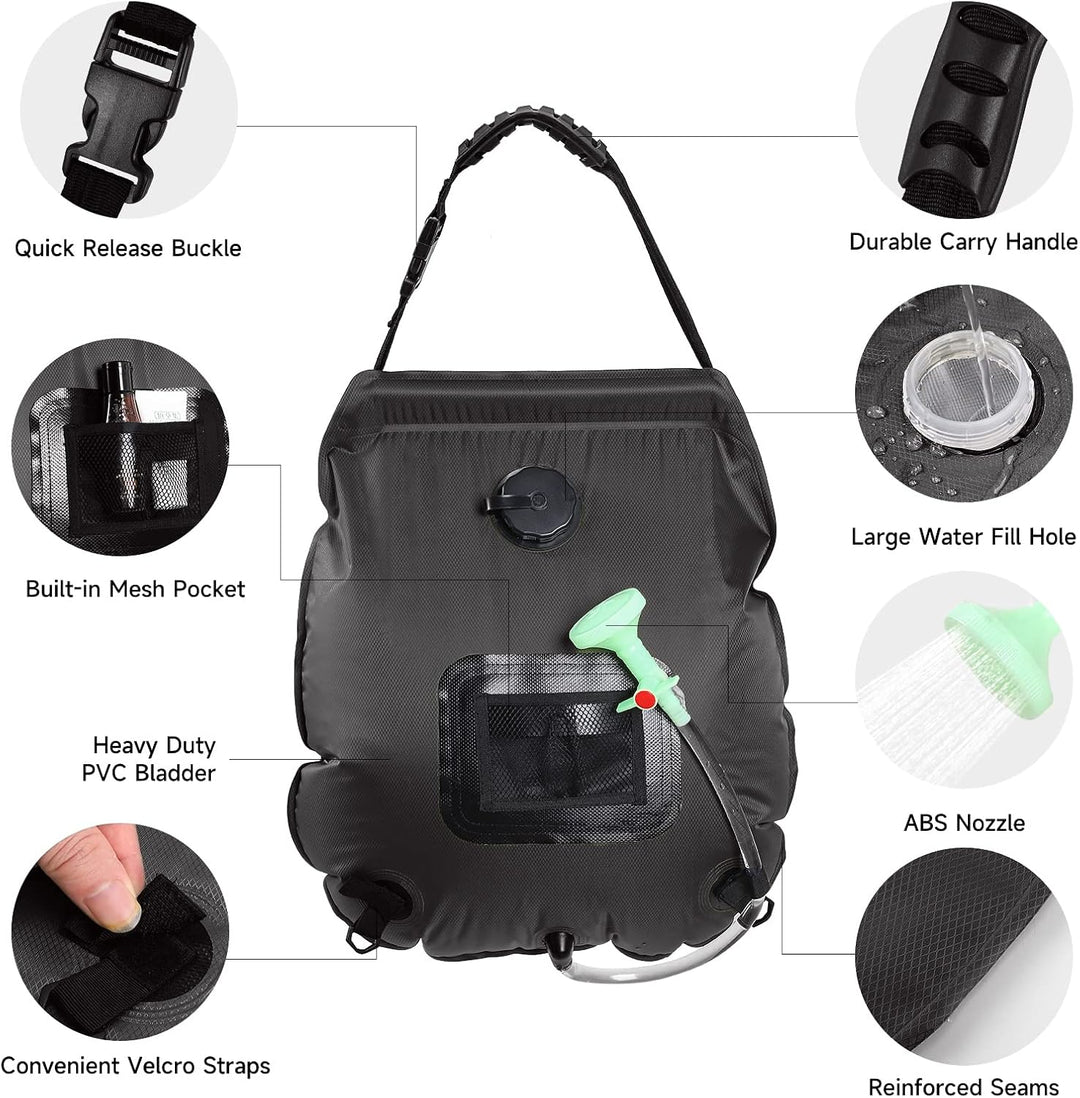 Solar Portable Shower Bag, 5 Gal/20L Solar Heating Camping Shower Bag with Removable Hose&On-Off Switchable Shower Head