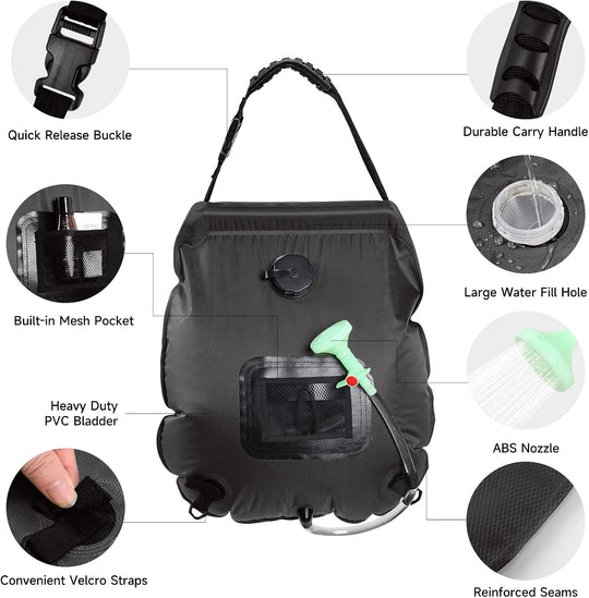 Solar Portable Shower Bag, 5 Gal/20L Solar Heating Camping Shower Bag with Removable Hose&On-Off Switchable Shower Head