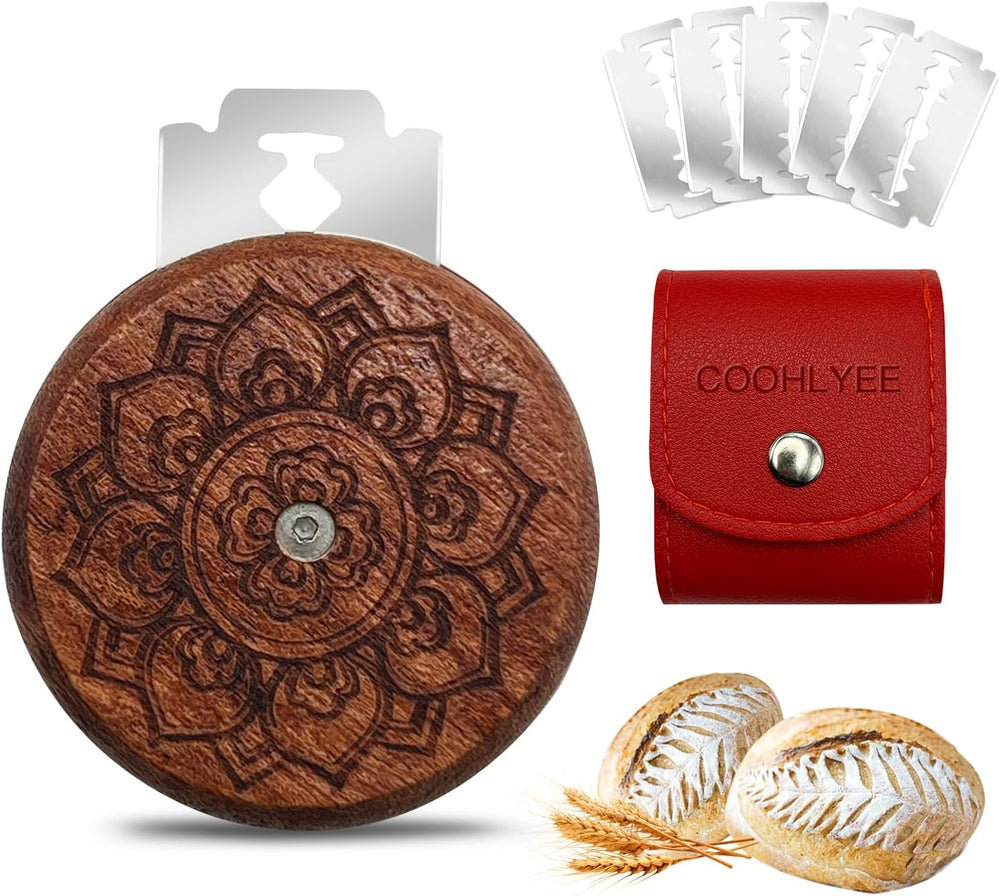 Wooden Lame Bread Scoring Tool with 5 Razor Blades and Leather Storage Cover (MOQ 10 Sets)