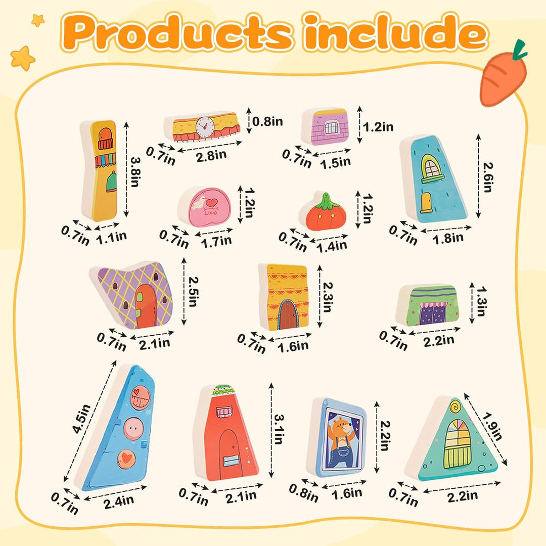 Montessori Wooden Stacking Toy,Colorful Houses Building Blocks Game 14 Pcs Montessori Balance Sorting & Stacking