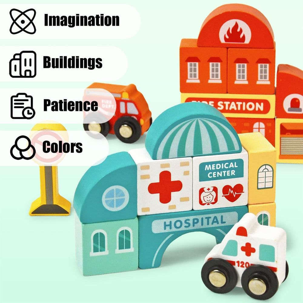 Toys Building Blocks Set for Boys and Girls Gift, 56 Pcs Wooden City (MOQ 10 Sets)