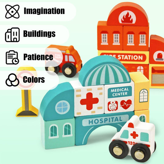 Toys Building Blocks Set for Boys and Girls Gift, 56 Pcs Wooden City (MOQ 10 Sets)