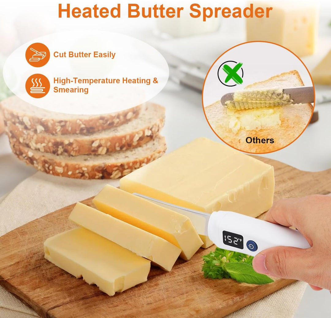 Heated Butter Knife, Electric Butter Spreader with LED Digital Display & Adjustable Temperature, USB-C Rechargeable Stainless Steel Knife for Hard Butter, Peanut Butter, Cheese, Jam & Cream