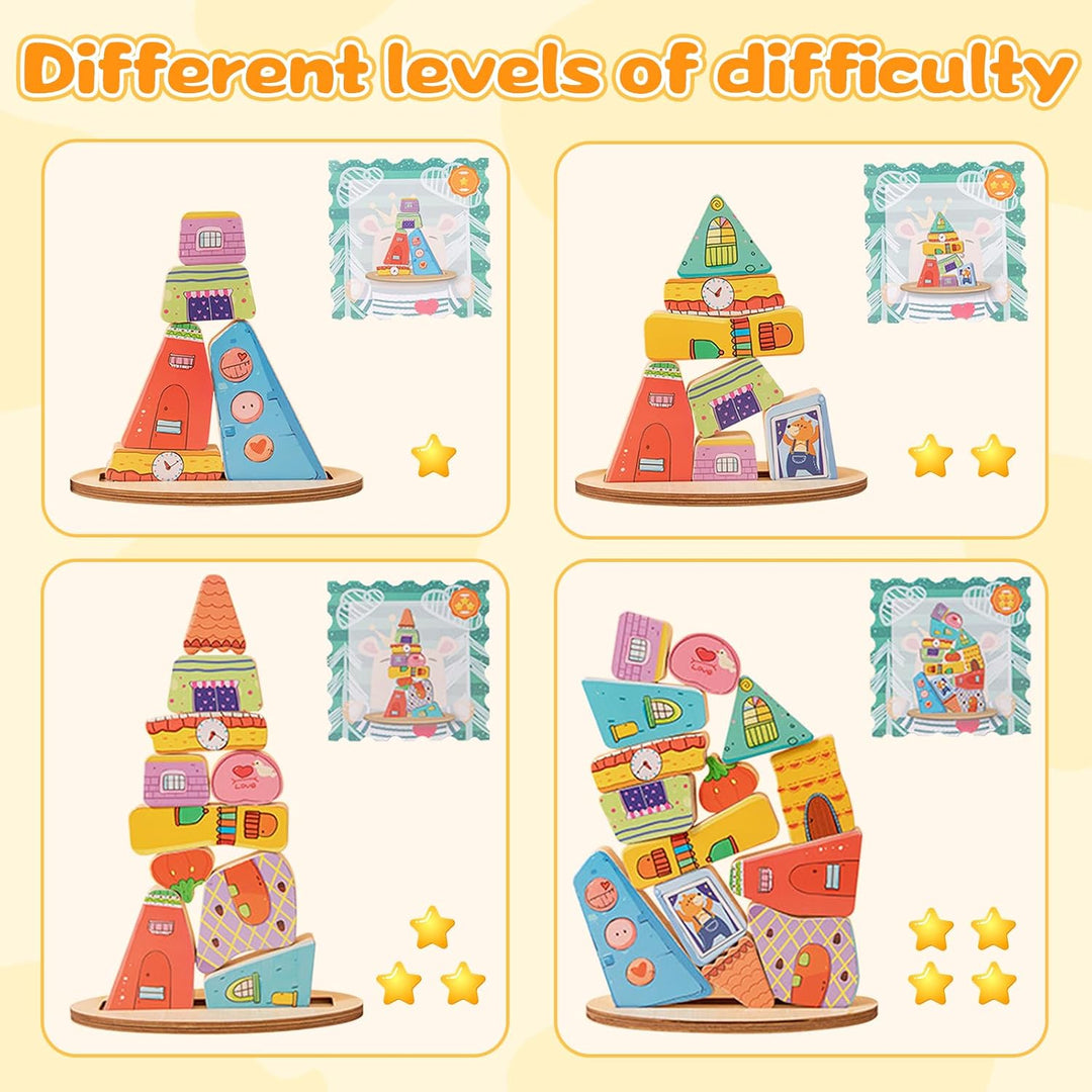 Montessori Wooden Stacking Toy,Colorful Houses Building Blocks Game 14 Pcs Montessori Balance Sorting & Stacking