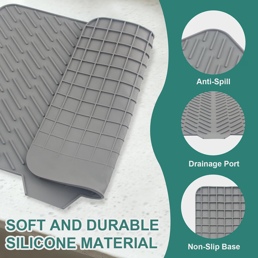 Silicone Dish Drying Mat with Built-In Drain Spout – Heat-Resistant Non-Slip Roll-Up Sink Drain Pad for Kitchen Counter (MOQ 10 Sets)