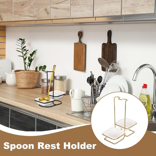 Luxury Stainless Steel Upright Ladle Rack Set with Double Square Ceramic Bowls – Modern Countertop Spoon & Utensil Holder Stand