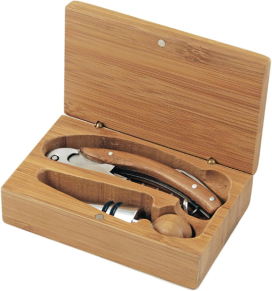 Bamboo Wine Opener Accessory Set, Includes Corkscrew Opener and Bottle Stopper (MOQ 10 Sets)