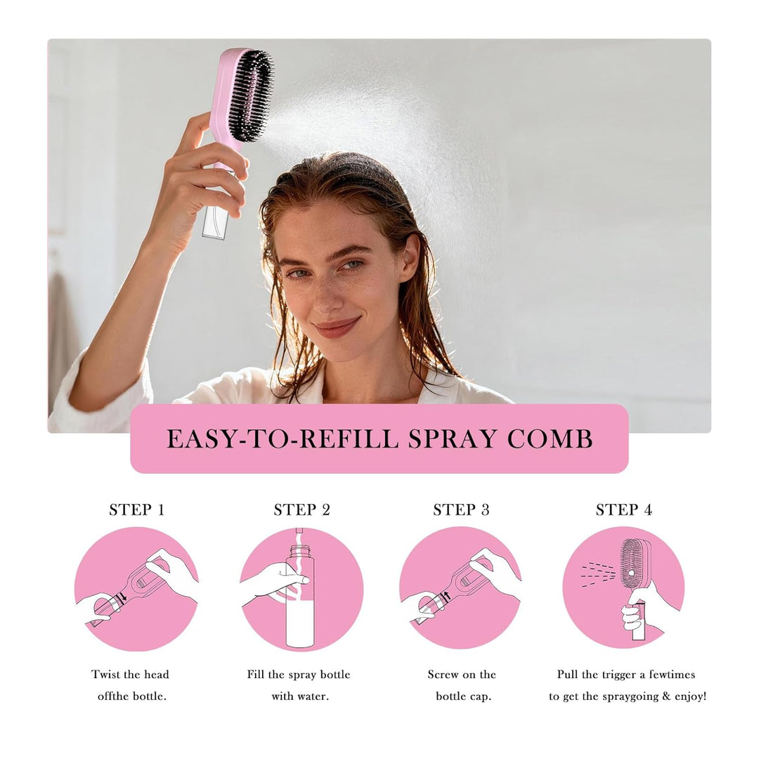 2-in-1 Detangling Hair Brush with Mister Spray - Wet & Dry Detangler for Curly, Thick & Tangled Hair, Manual Non-Electric Spray Brush for Women & Kids
