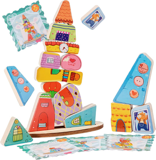 Montessori Wooden Stacking Toy,Colorful Houses Building Blocks Game 14 Pcs Montessori Balance Sorting & Stacking