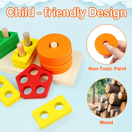 Toddlers Color Recognition Stacker Shape Sorter Wooden Toy Learning Puzzles 1 to 3-year-old