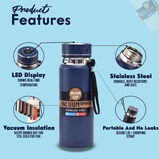 Stainless Steel Water Bottle, Double Walled & Vacuum Insulated,1000ml with temp display (MOQ 10 Sets)