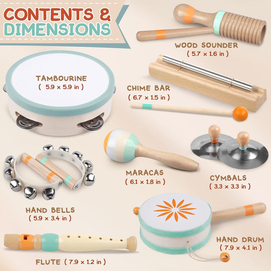 Wooden Percussion Instruments Set, Kids Preschool Educational Music Learning Toys