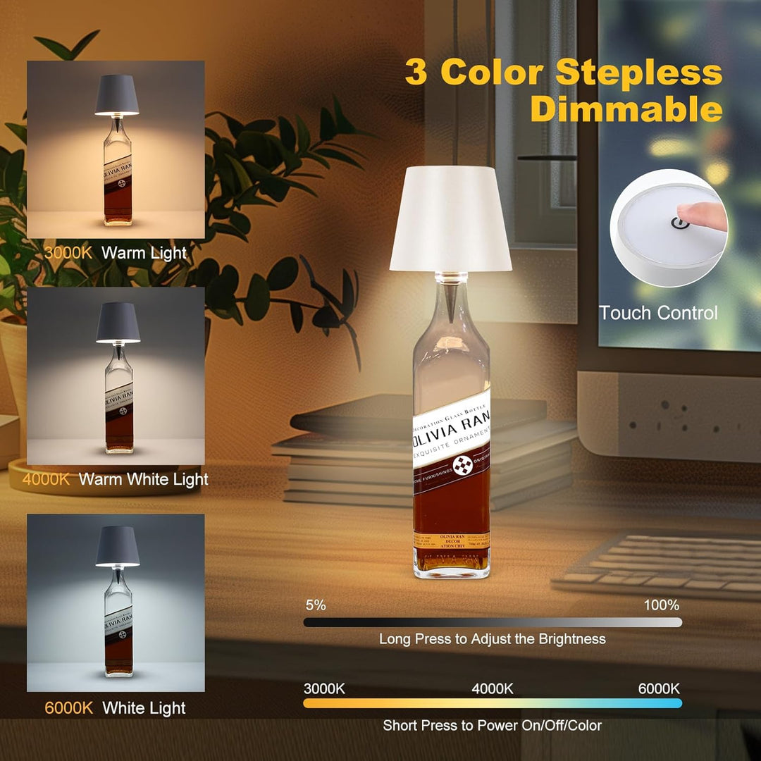 Rechargeable Luxury Wine Bottle Table Lamp with 3 Color Dimming for Bars & Events
