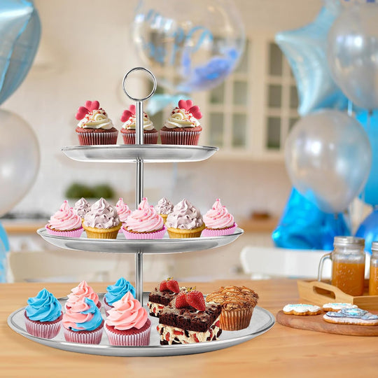 Cupcake Stand 3 Tier – Stainless Steel Cake & Dessert Display Tower for Wedding, Birthday, Party Decorations (MOQ 10 Sets)
