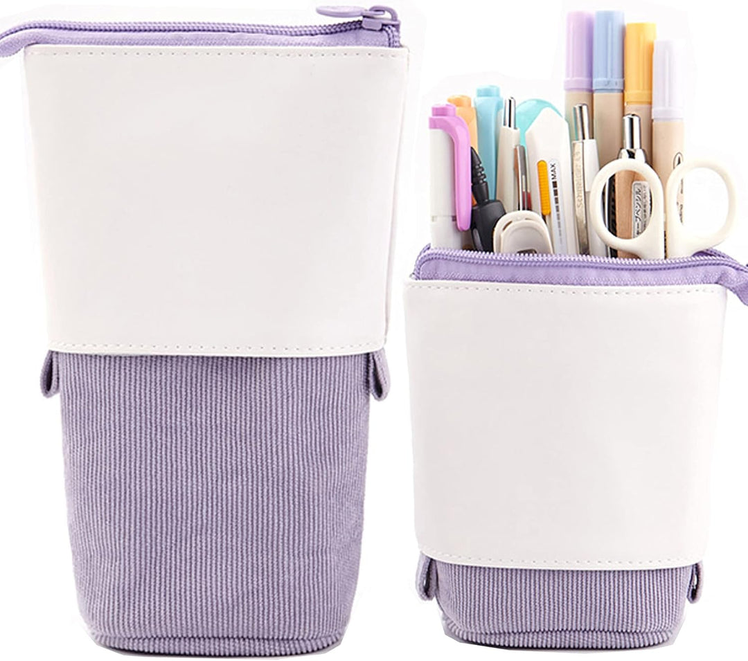 Pop-Up Telescopic Pencil Case with Stand | Retractable PU Corduroy Pen Holder Bag | Expandable Stationery Organizer for Kids, Students & Office Desk
