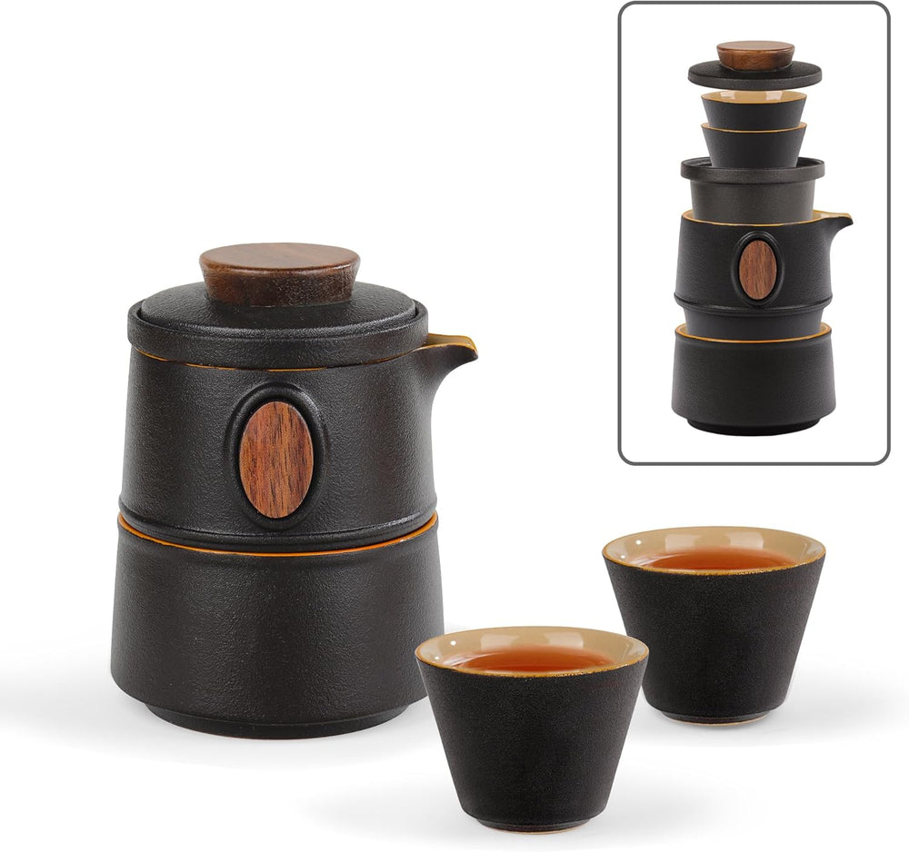 Portable Outdoor Ceramic Teapot Set Travel-friendly Porcelain Kung Fu Tea Pot with Wood Anti-Scald Inlay (MOQ 10 Sets)