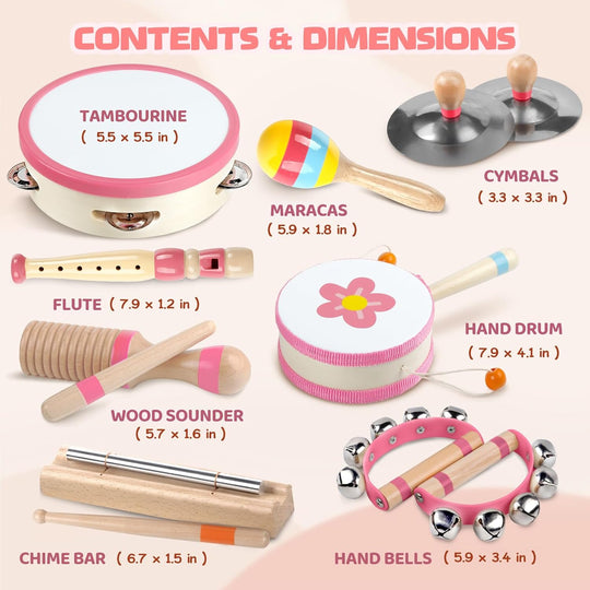 Wooden Percussion Instruments Set, Kids Preschool Educational Music Learning Toys