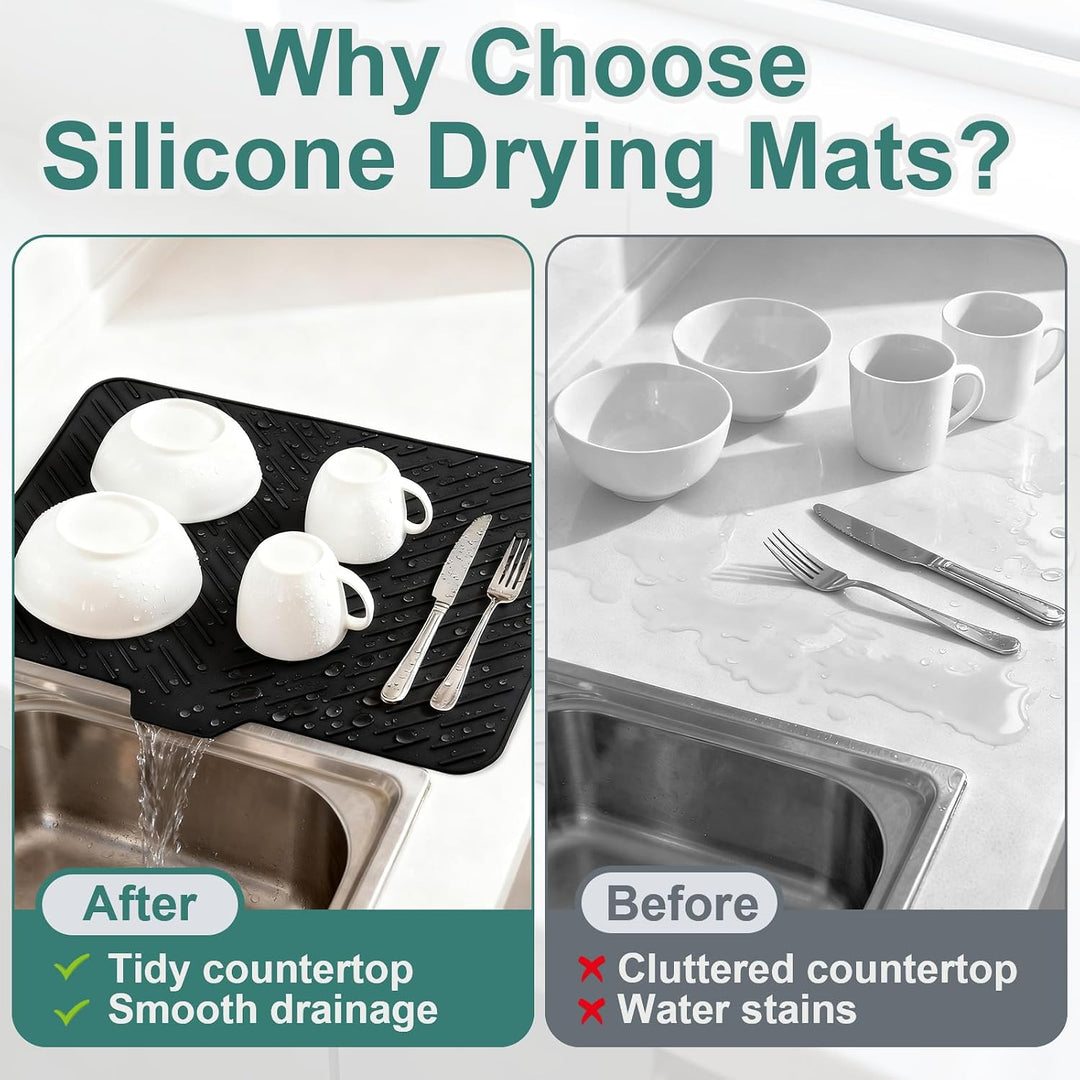 Silicone Dish Drying Mat with Built-In Drain Spout – Heat-Resistant Non-Slip Roll-Up Sink Drain Pad for Kitchen Counter (MOQ 10 Sets)