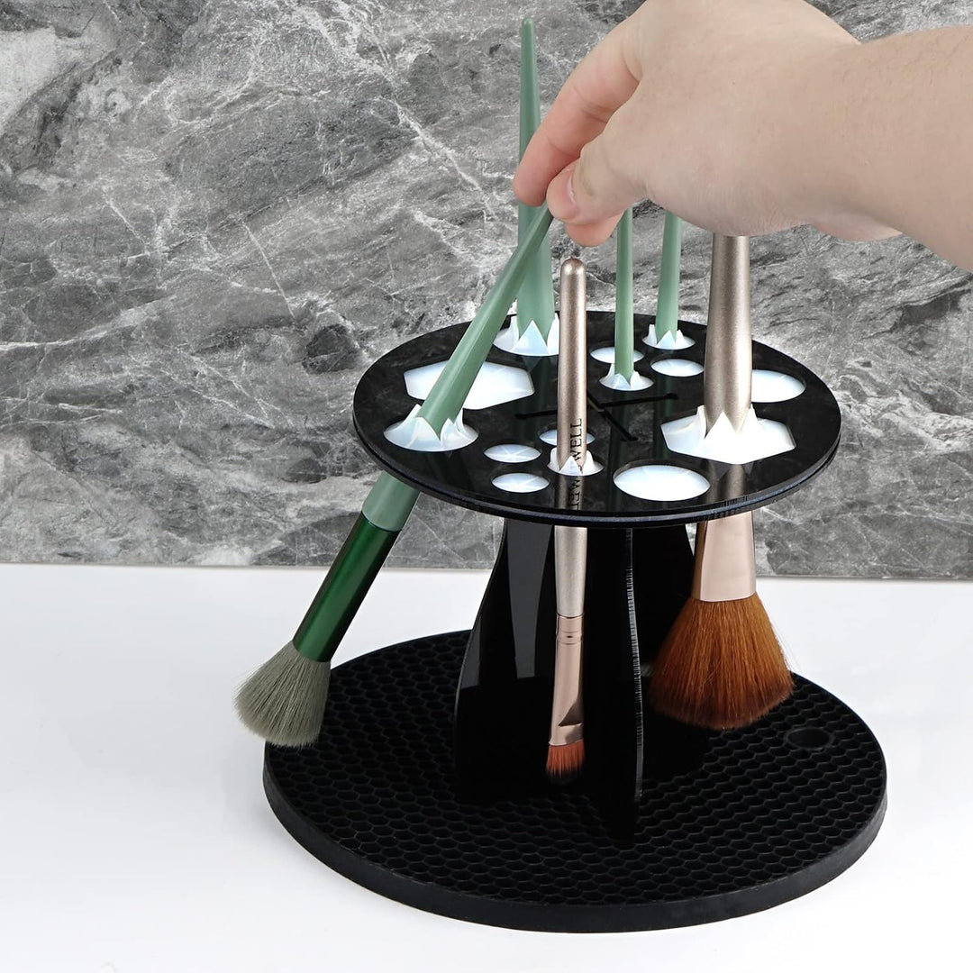 Makeup Brush Drying Rack with Mat – Detachable Acrylic Air Tree Tower Holder & Organizer Stand, Cosmetic Brush Storage Tray for Vanity