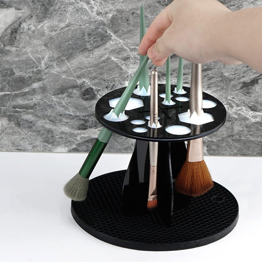 Makeup Brush Drying Rack with Mat – Detachable Acrylic Air Tree Tower Holder & Organizer Stand, Cosmetic Brush Storage Tray for Vanity