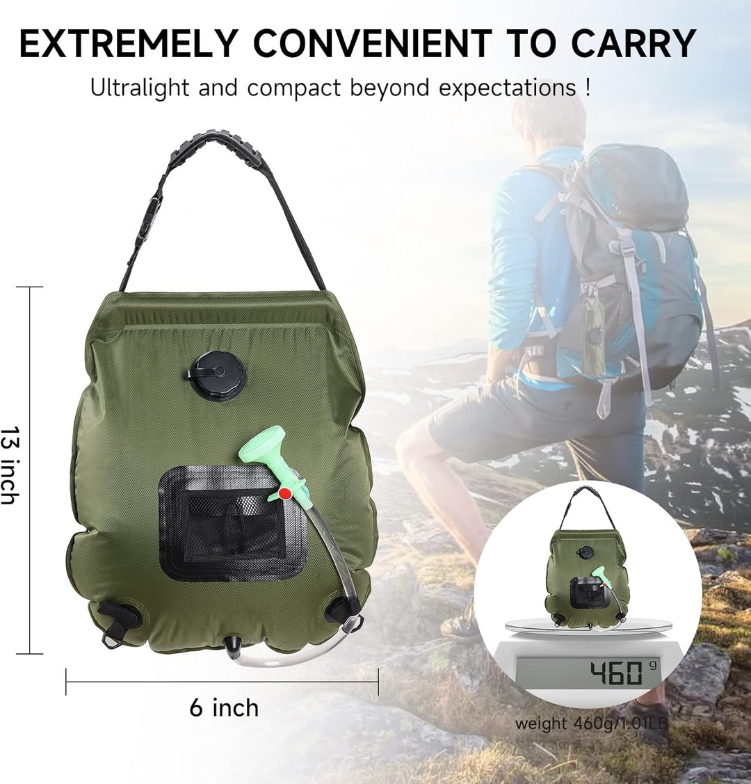 Solar Portable Shower Bag, 5 Gal/20L Solar Heating Camping Shower Bag with Removable Hose&On-Off Switchable Shower Head