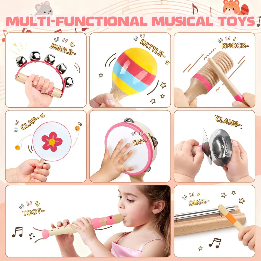 Wooden Percussion Instruments Set, Kids Preschool Educational Music Learning Toys