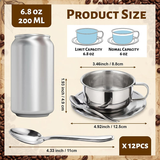 Stainless Steel Espresso Cup & Saucer Set, 12-Pack