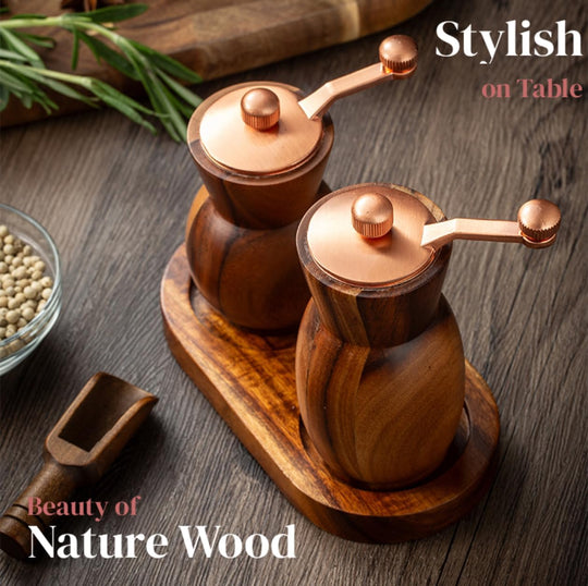 Acacia Wood Salt and Pepper Grinder Set with Holder