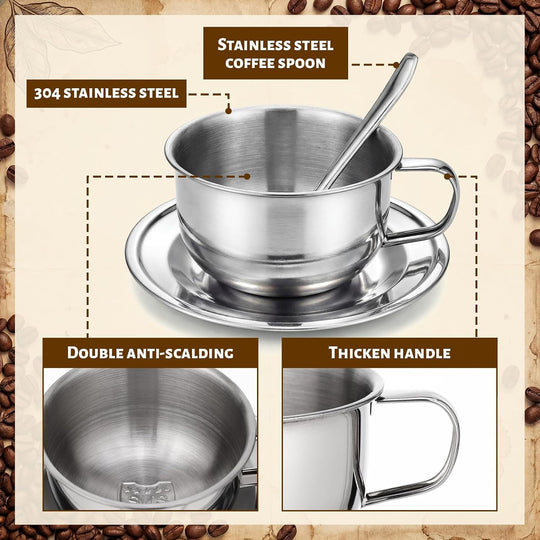 Stainless Steel Espresso Cup & Saucer Set, 12-Pack