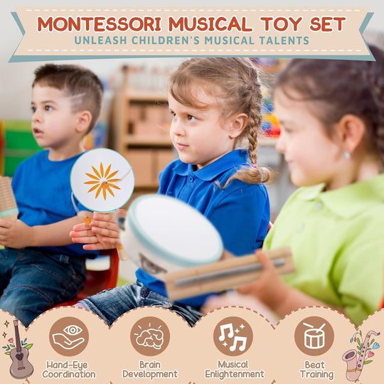Wooden Percussion Instruments Set, Kids Preschool Educational Music Learning Toys
