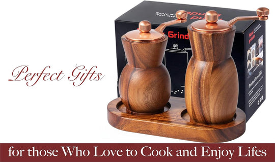 Acacia Wood Salt and Pepper Grinder Set with Holder