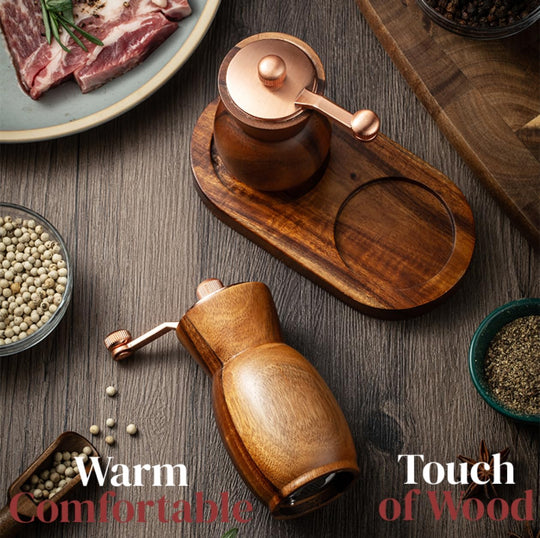 Acacia Wood Salt and Pepper Grinder Set with Holder