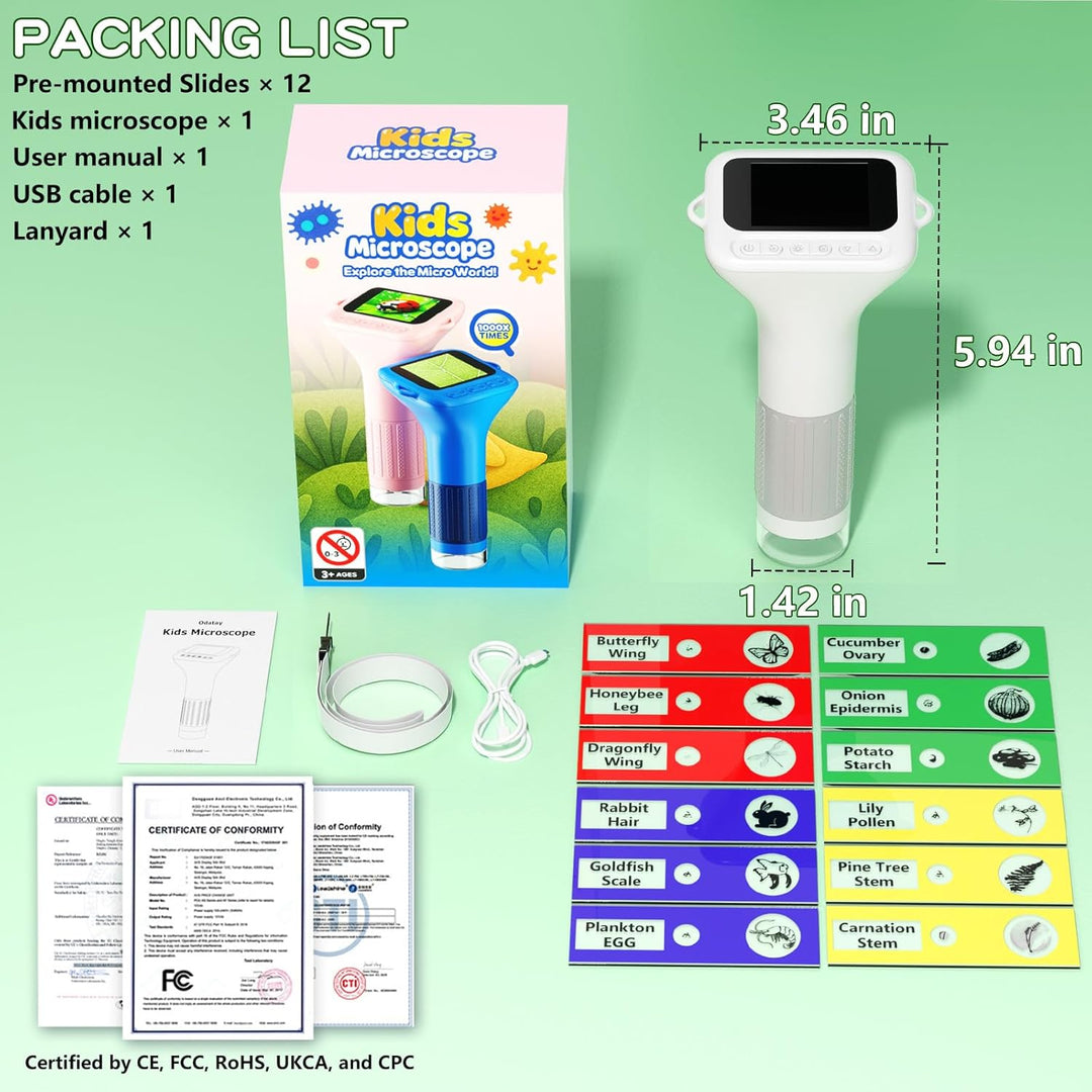 Microscope for Kids with 12 Slides, 100X-1000X 1080P Digital Handheld Kids Microscope (MOQ 10 sets)