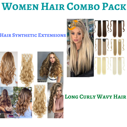 Long Straight Ponytail Hair Synthetic Extensions & Long Curly Wavy Hair 16 Clip Combo Pack