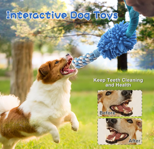 Stretchy Chenille Dog Chew Toy with Squeaker and Rope Handle (MOQ 10 Sets)