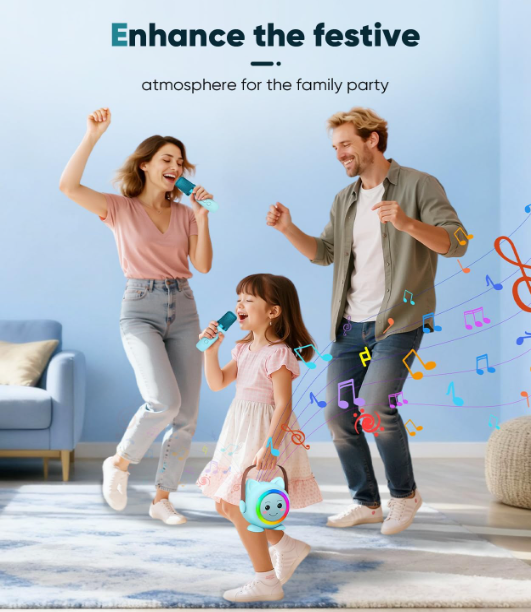 Kids Mini Karaoke Machine with 2 Wireless Mics, Bluetooth 5.3 Speaker with Rainbow Lights & Magic Voice Effects, Gift for Girls & Boys Ages 3-12